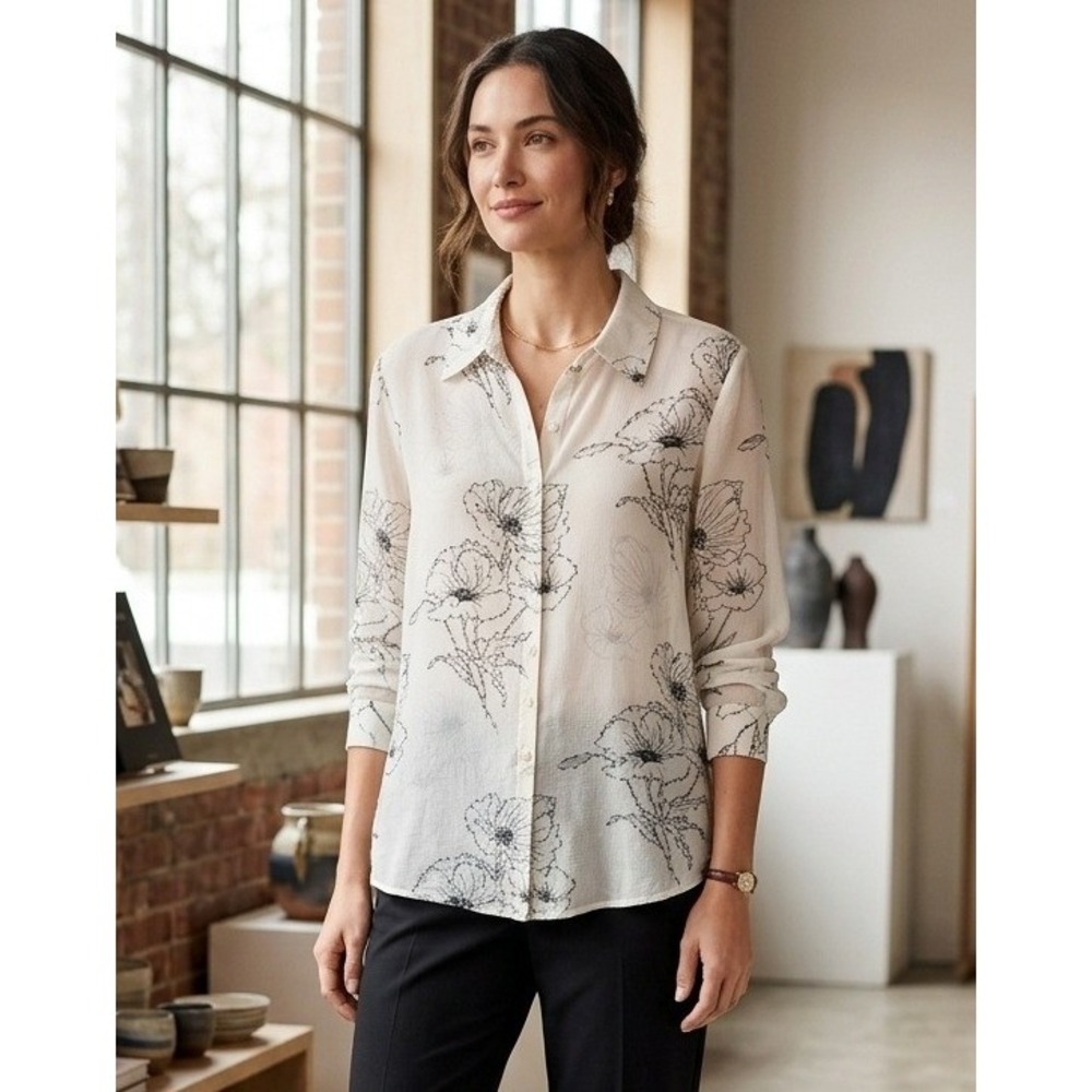 J.Jill Beaded Floral Poppy Button Up Long Sleeve Top Cream Black Vacation Size M